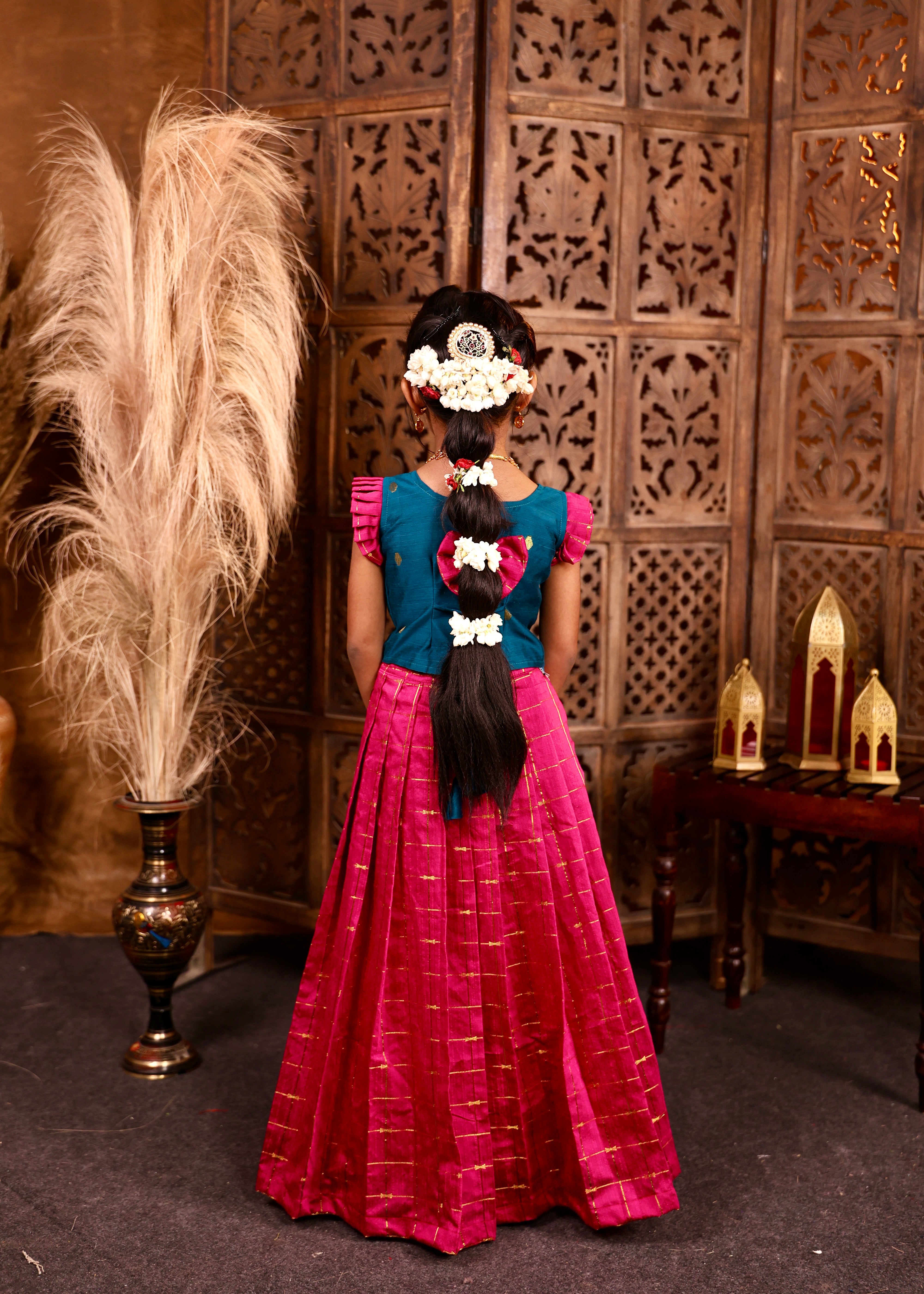 MULLAI - Rani Pink Pleated Skirt and Ramar Blue Raw Silk Top