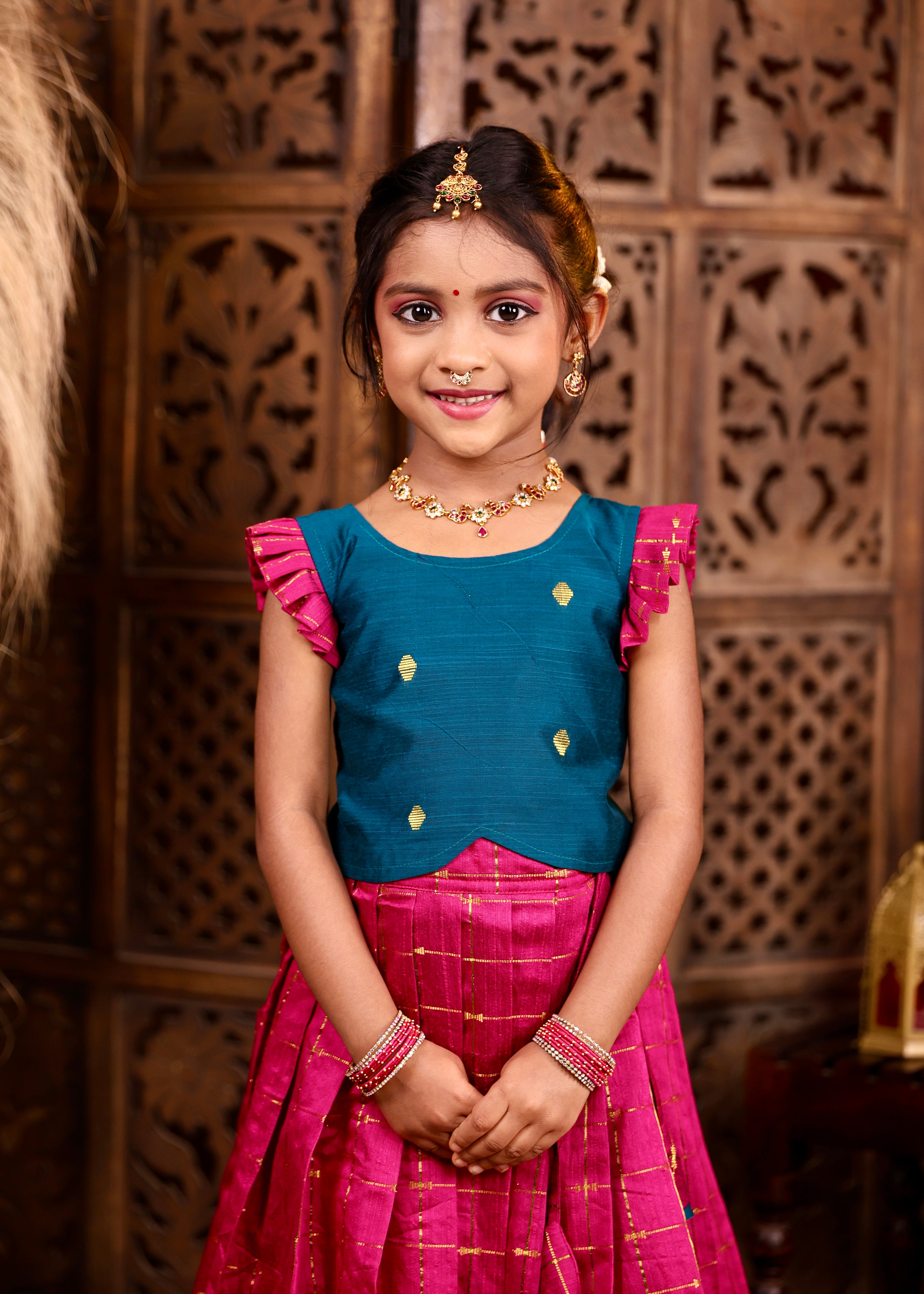 MULLAI - Rani Pink Pleated Skirt and Ramar Blue Raw Silk Top