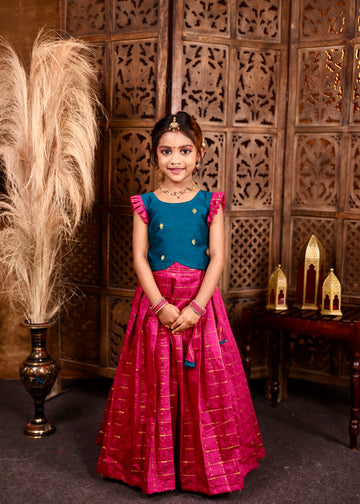 MULLAI - Rani Pink Pleated Skirt and Ramar Blue Raw Silk Top