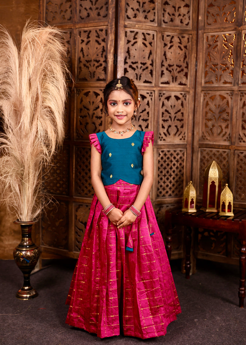 MULLAI - Rani Pink Pleated Skirt and Ramar Blue Raw Silk Top