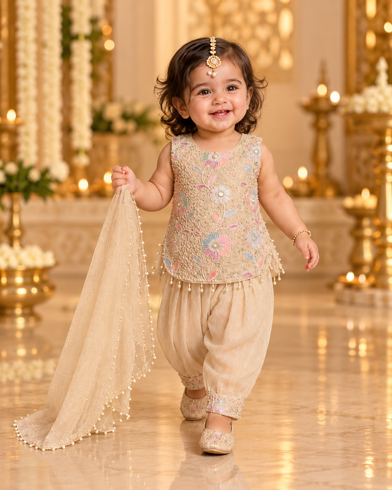 Cream Color Embroidery Designer Top and Pant Set