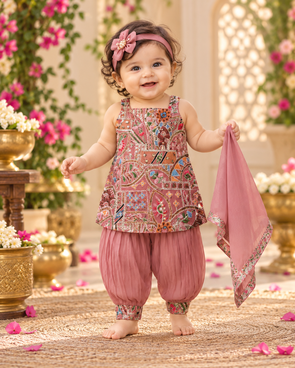 Dark Peach Color Embroidery Designer Top and Pant Set