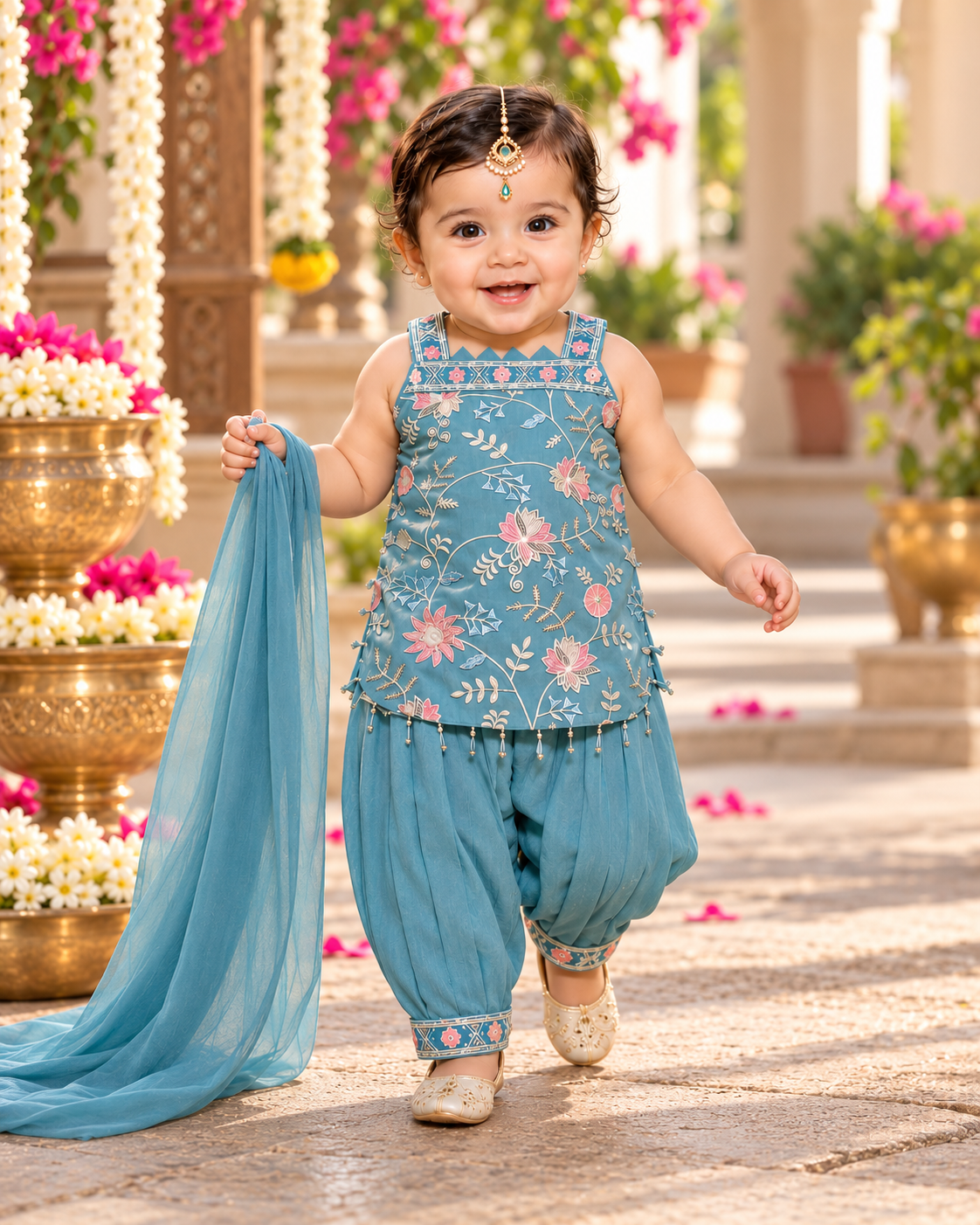 Powder Blue Color Embroidery Designer Top and Pant Set