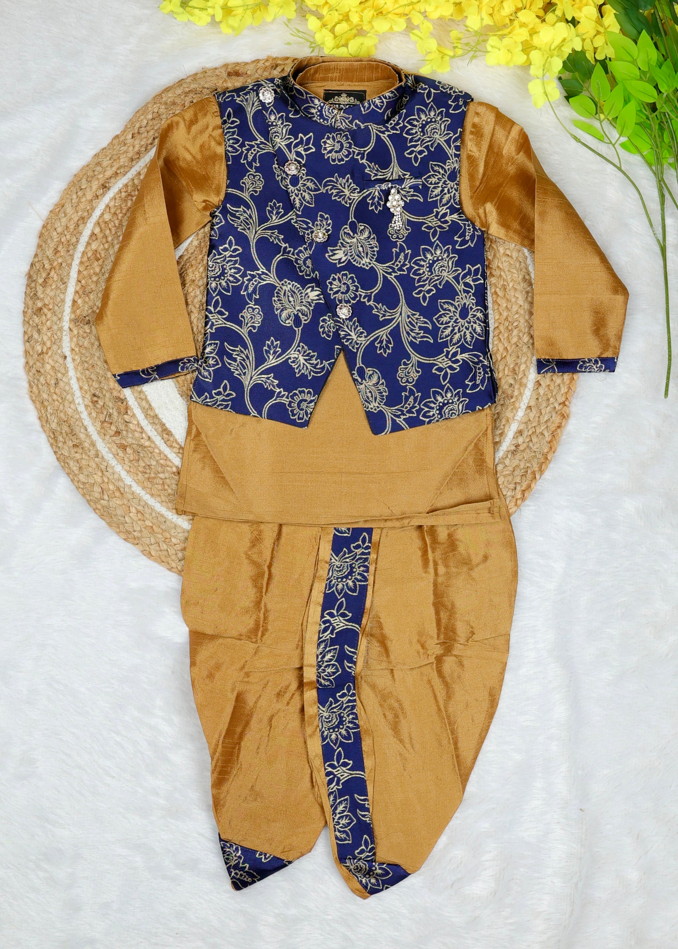 Stylish Indo-Western coat suit for boys – Mustarc Yellow with Dark Blue