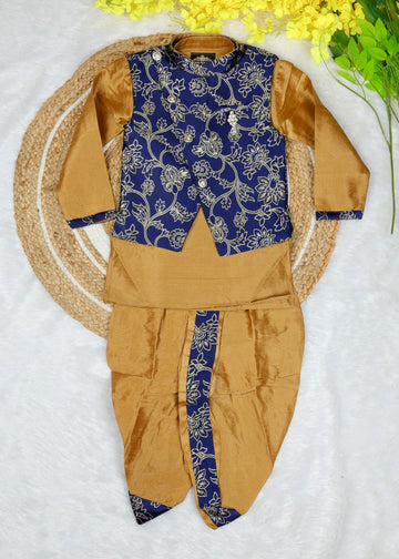 Stylish Indo-Western coat suit for boys – Mustarc Yellow with Dark Blue