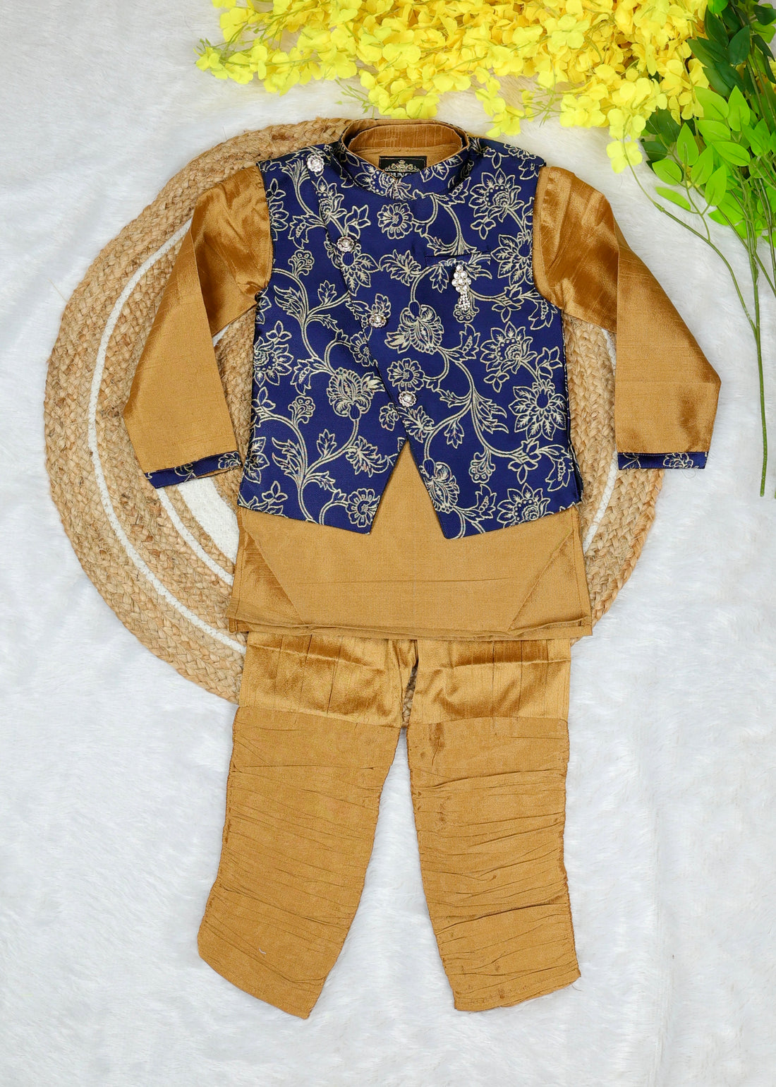Stylish Indo-Western coat suit for boys – Mustarc Yellow with Dark Blue