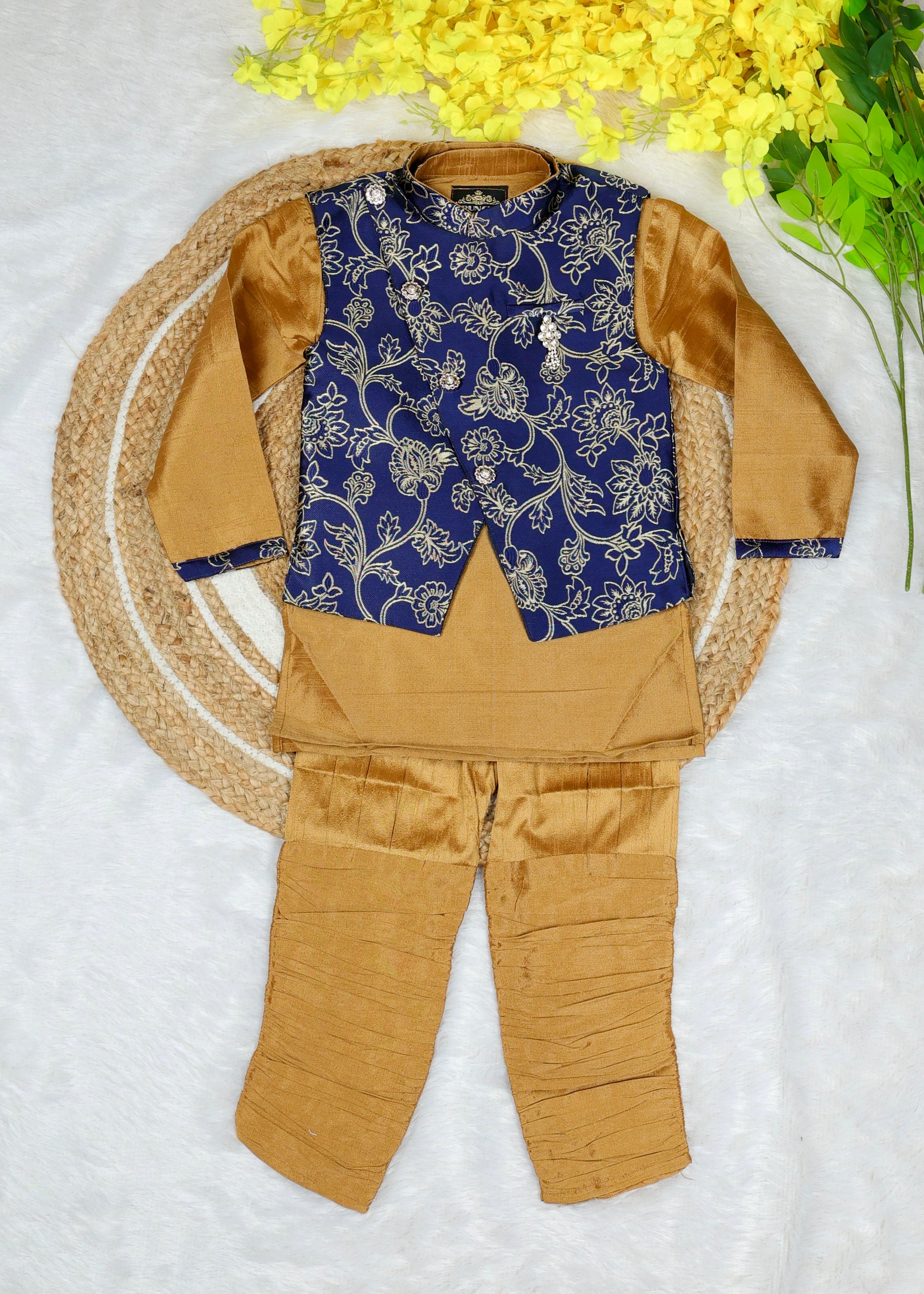 Stylish Indo-Western coat suit for boys – Mustarc Yellow with Dark Blue