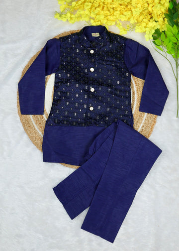 Stylish Indo-Western coat suit for boys  – BLACK COAT & DARK BLUE