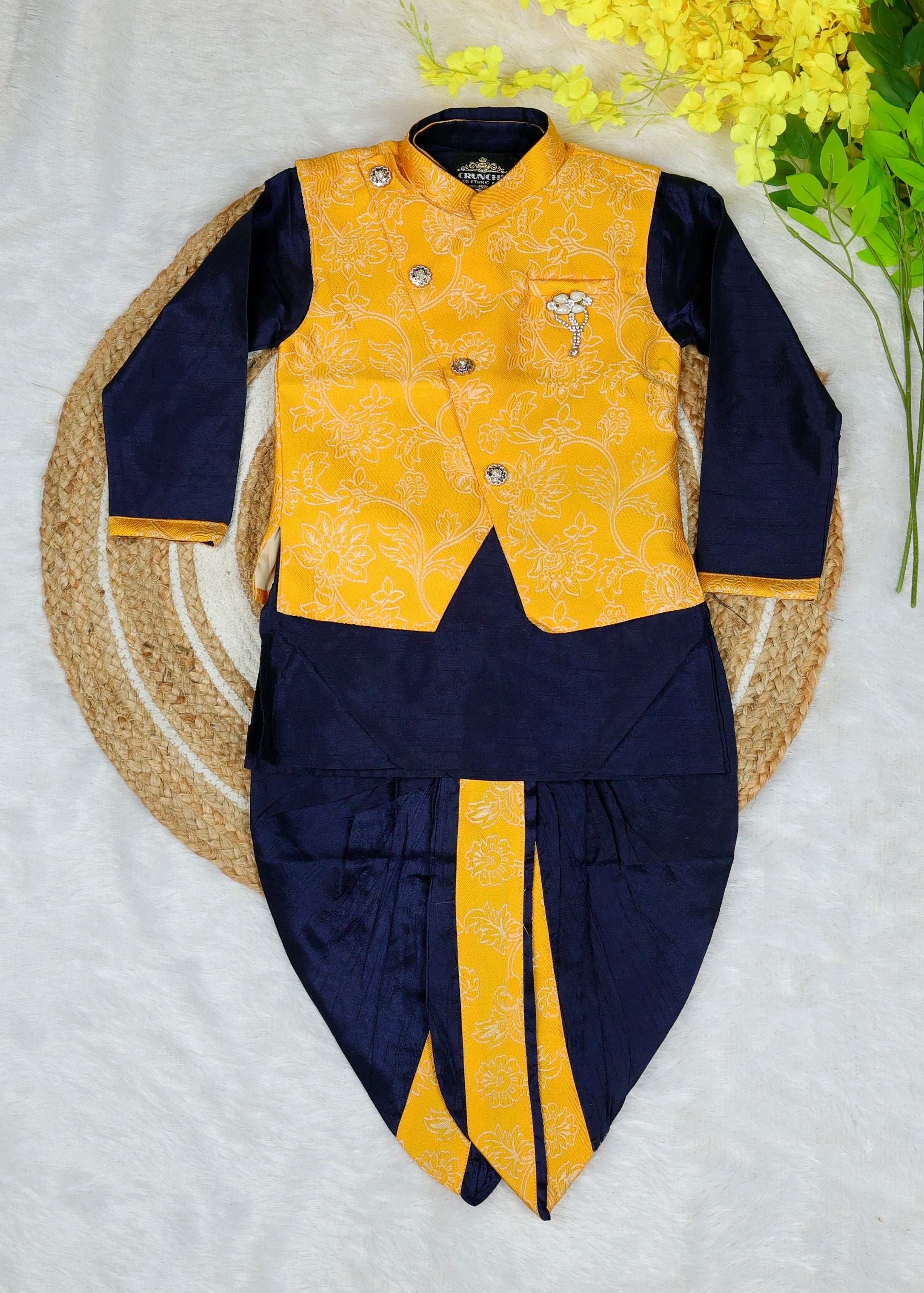 Stylish Indo-Western coat suit for boys  – YELLOW AND DARK BLUE