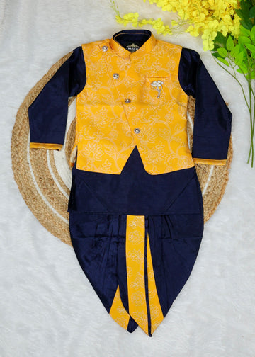 Stylish Indo-Western coat suit for boys  – YELLOW AND DARK BLUE