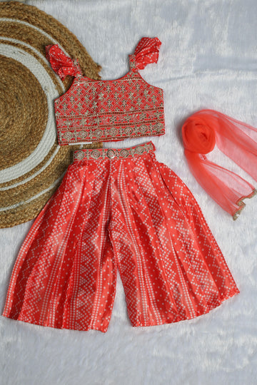 Candy Orange Bandhani Design Palazzo Pant and Crop Top