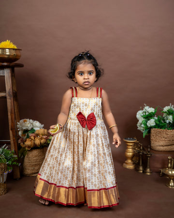 Off-White and Maroon Semi Kanchipattu Frock