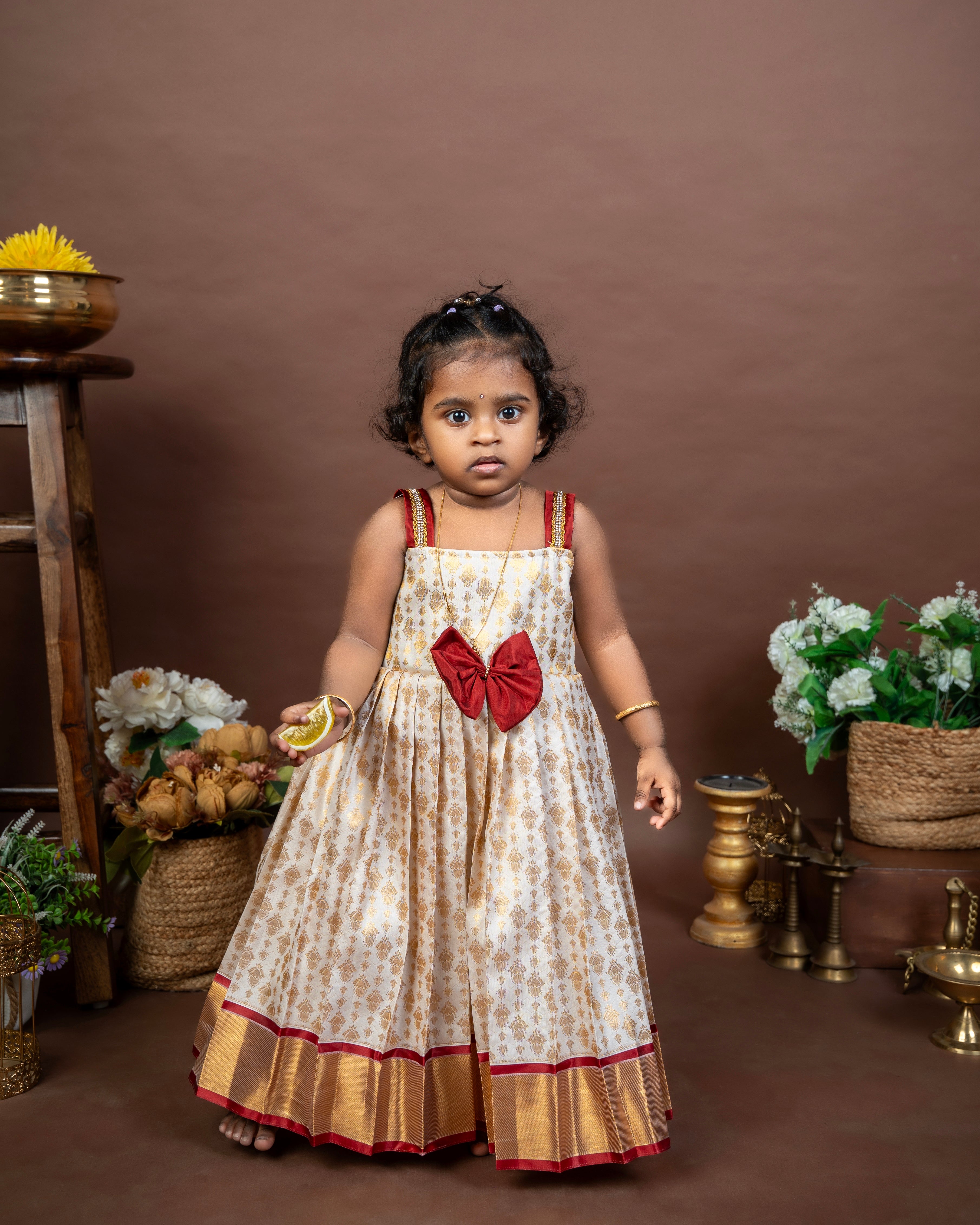Off-White and Maroon Semi Kanchipattu Frock