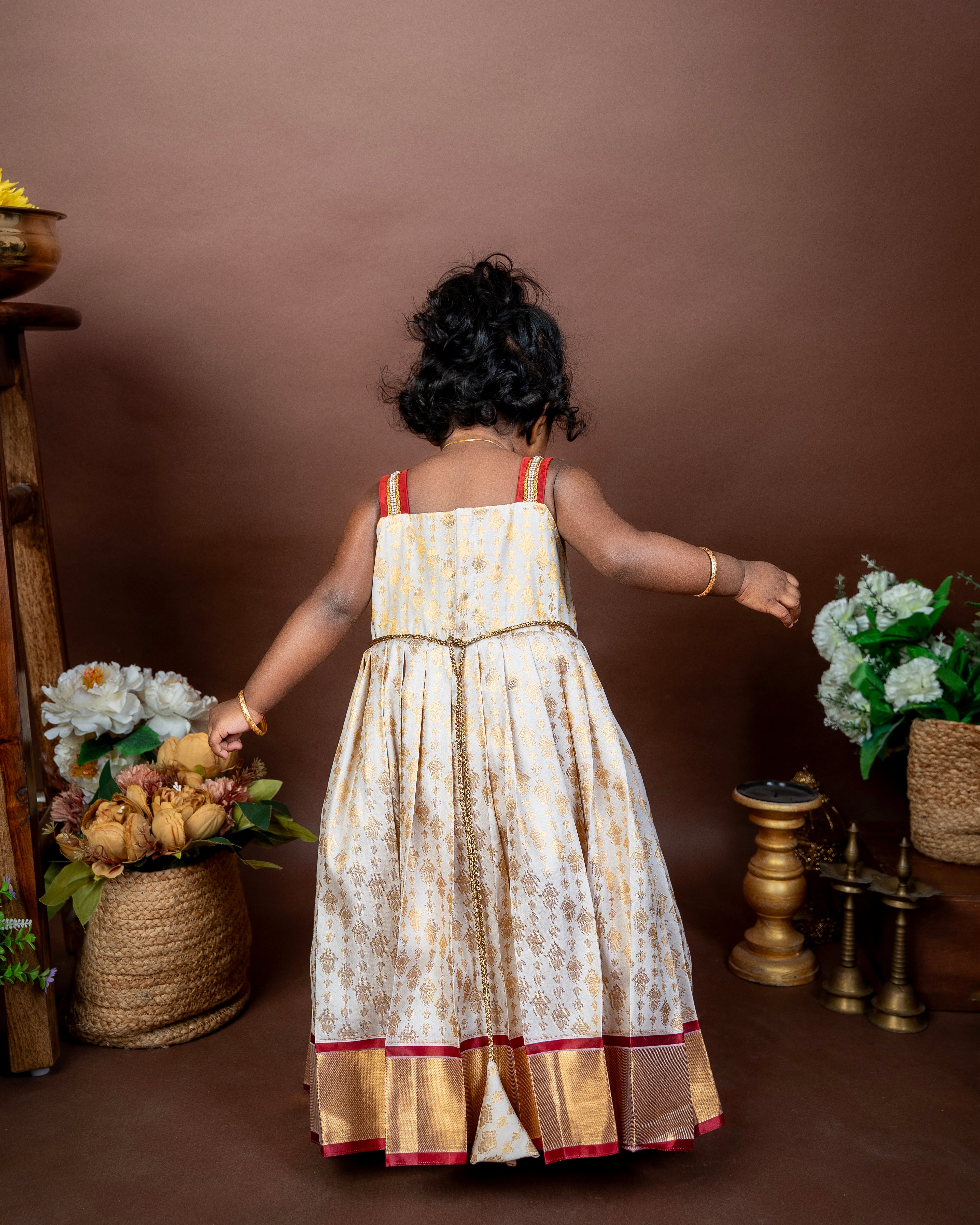 Off-White and Maroon Semi Kanchipattu Frock
