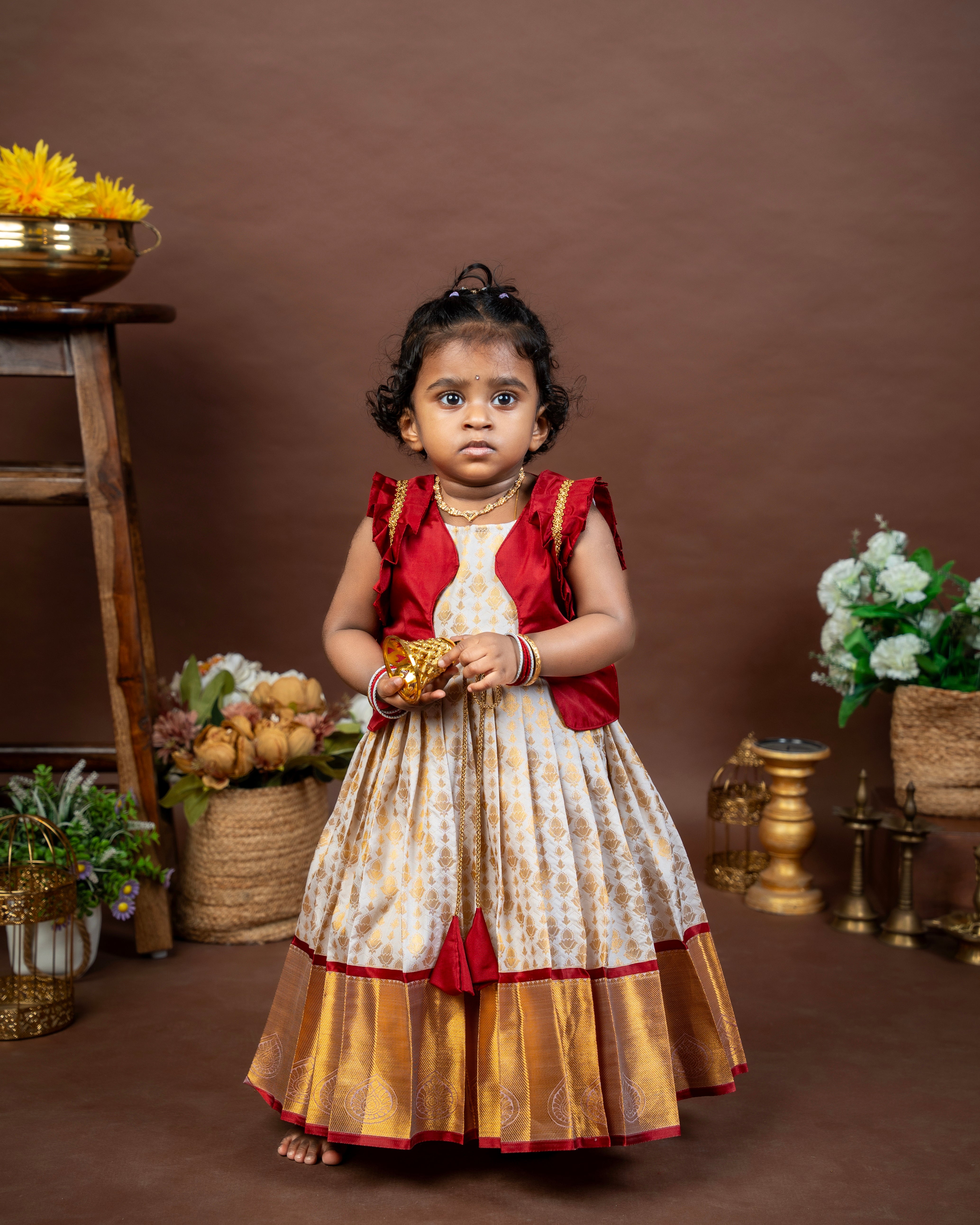 Golden Cream Color Semi Kanchipattu Maroon Border Sleeveless Frock & Maroon Overcoat