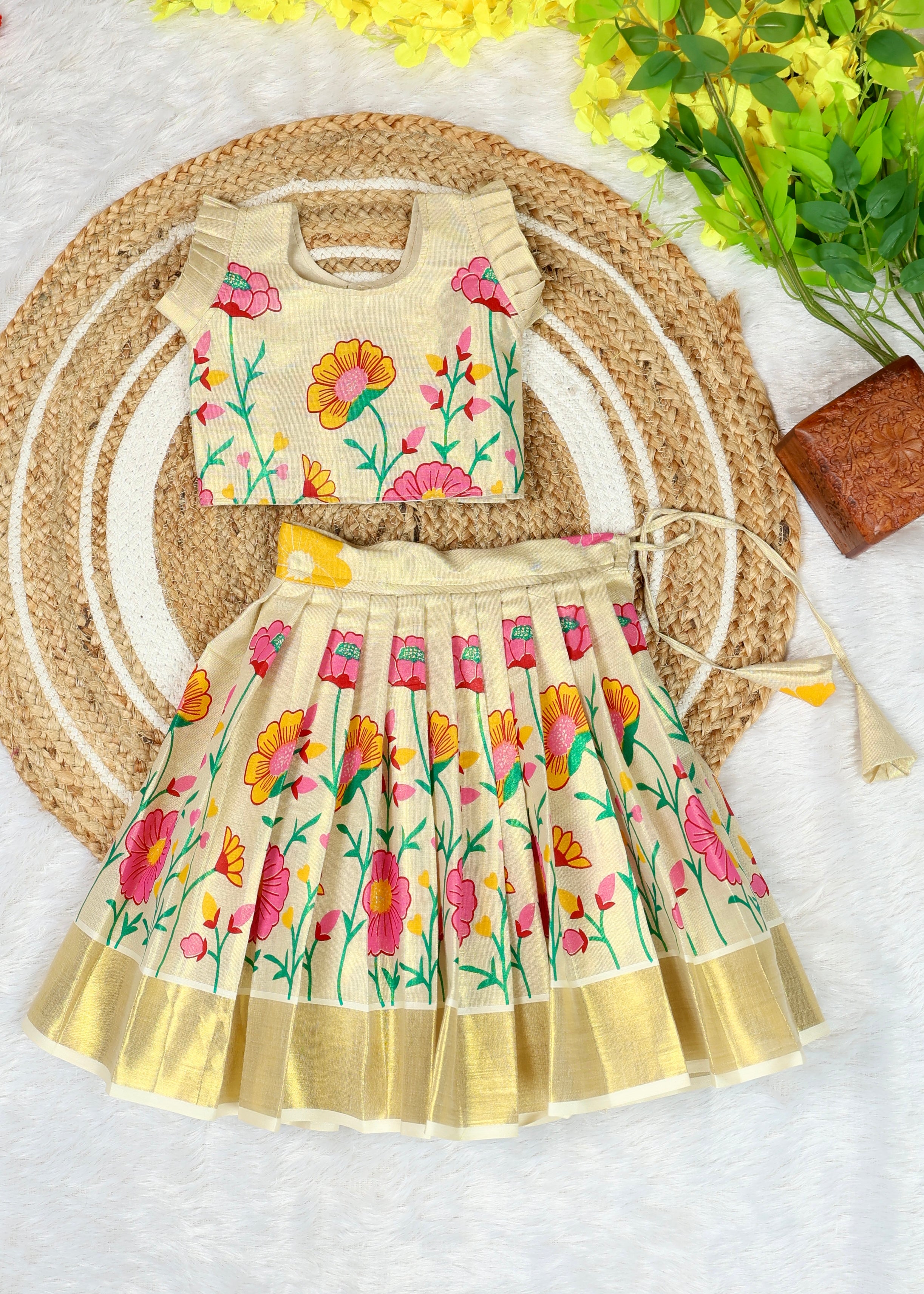Premium Kasavu Tissue Silk Floral Motifs Top & Skirt - MALAR KODI- TINY THUMBI