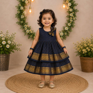Launching INIYAL - Traditional Checked Silk Layered Frock - Dark Blue Color