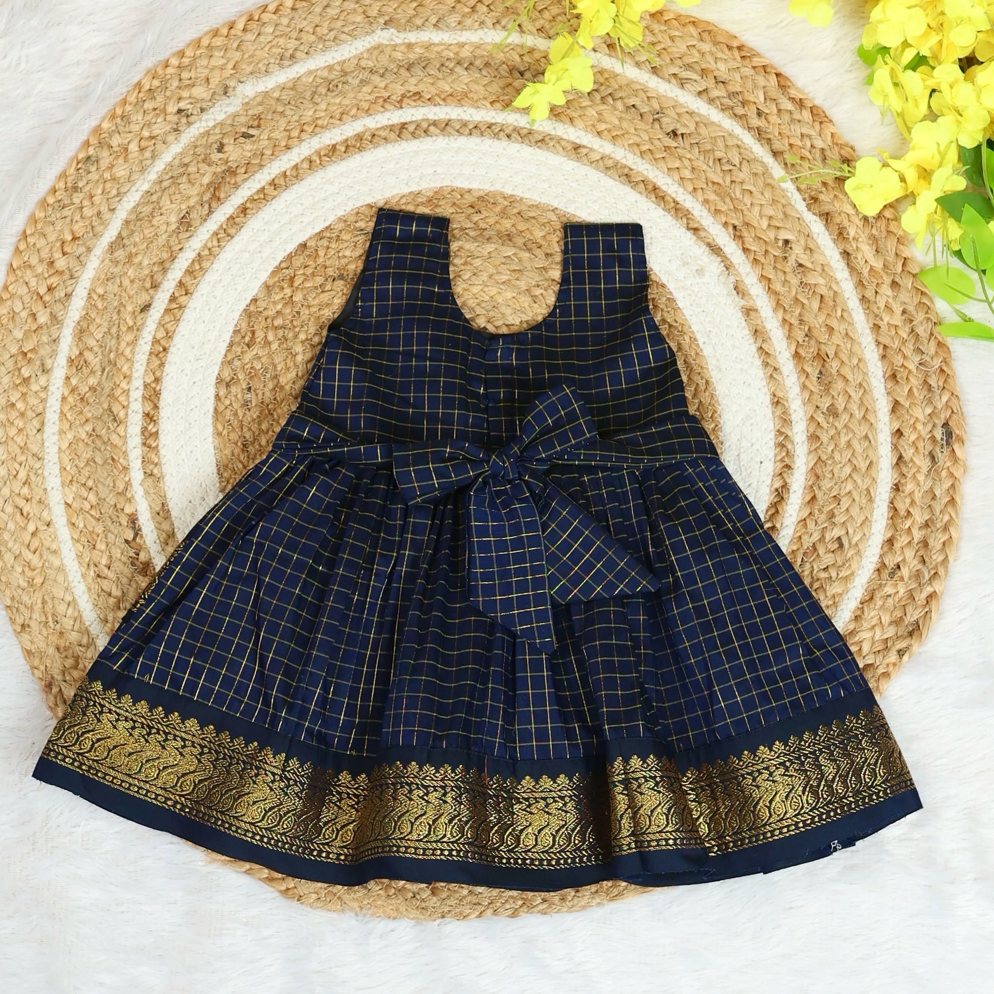 Launching INIYAL - Traditional Checked Silk Layered Frock - Dark Blue Color