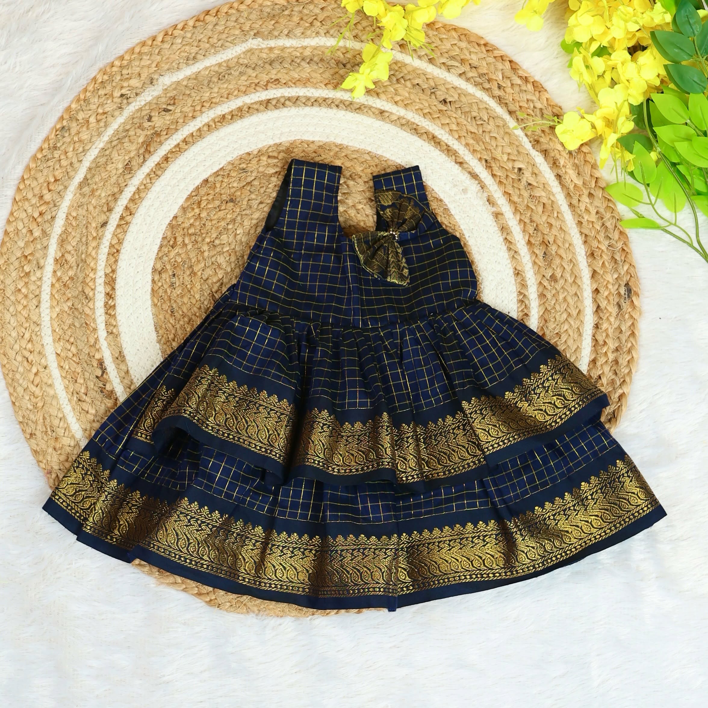 Launching INIYAL - Traditional Checked Silk Layered Frock - Dark Blue Color