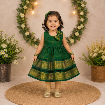 Launching INIYAL - Traditional Checked Silk Layered Frock - Green Color