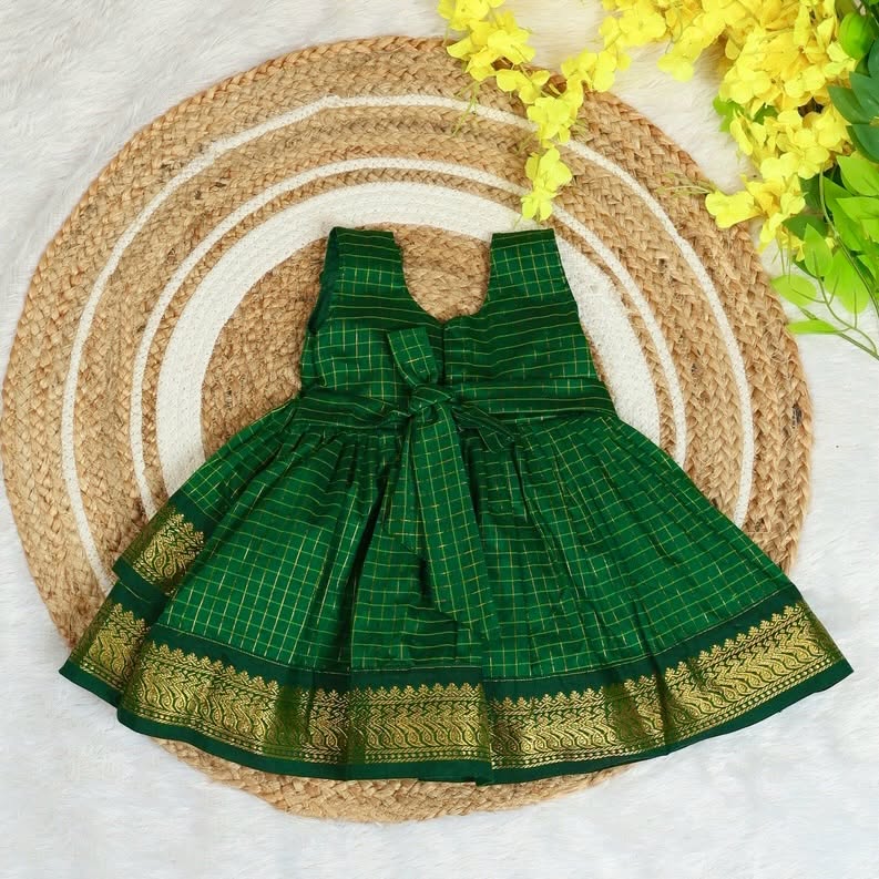 Launching INIYAL - Traditional Checked Silk Layered Frock - Green Color
