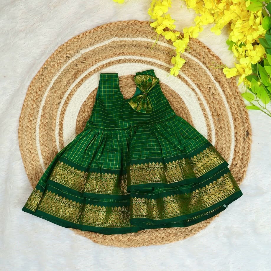 Launching INIYAL - Traditional Checked Silk Layered Frock - Green Color