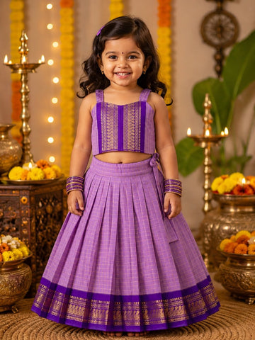Celebrate the beauty of tradition with our Kalyani Silk Cotton Skirt & Top Set - Lavender and Purple Combo