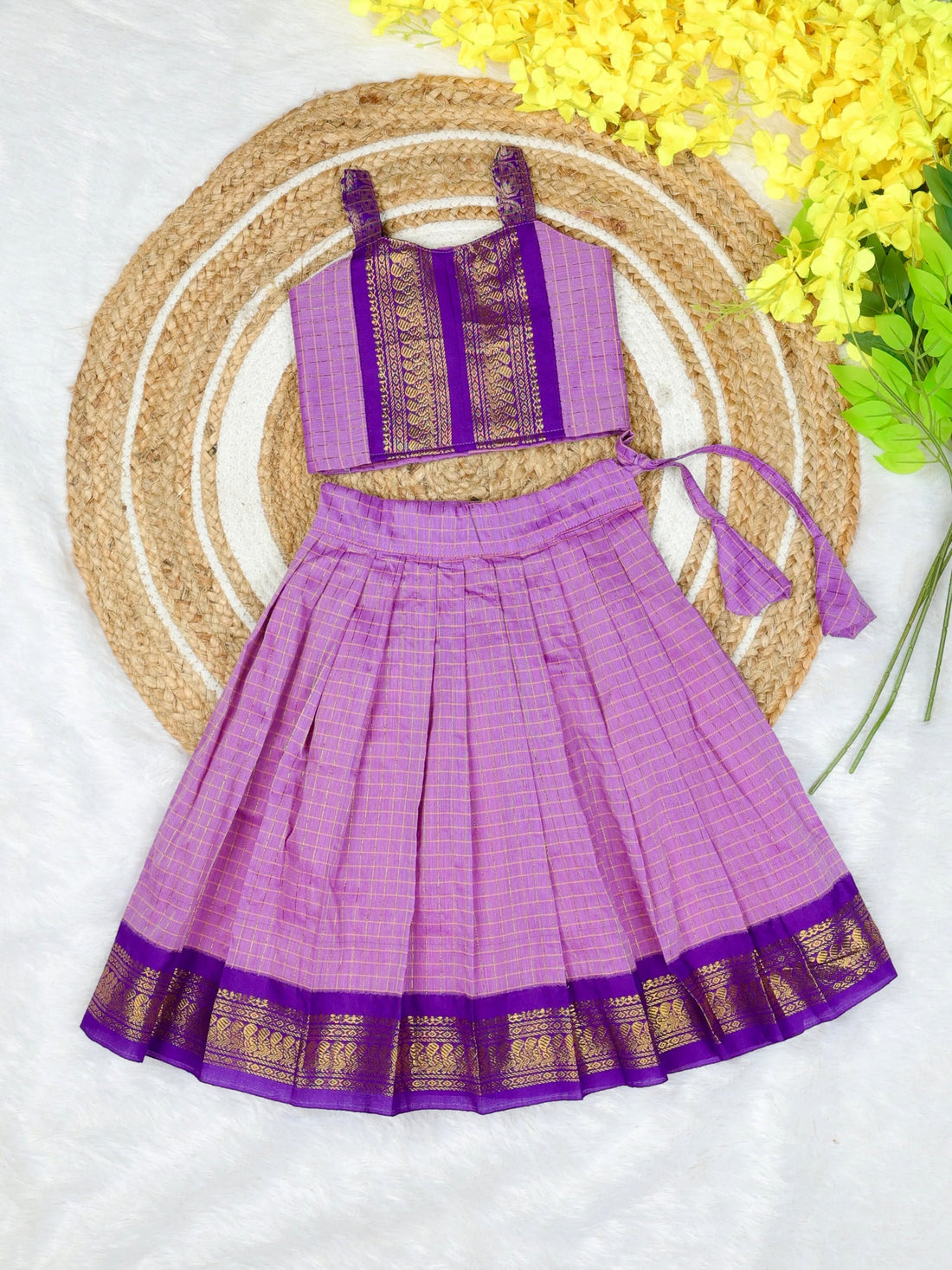 Celebrate the beauty of tradition with our Kalyani Silk Cotton Skirt & Top Set - Lavender and Purple Combo