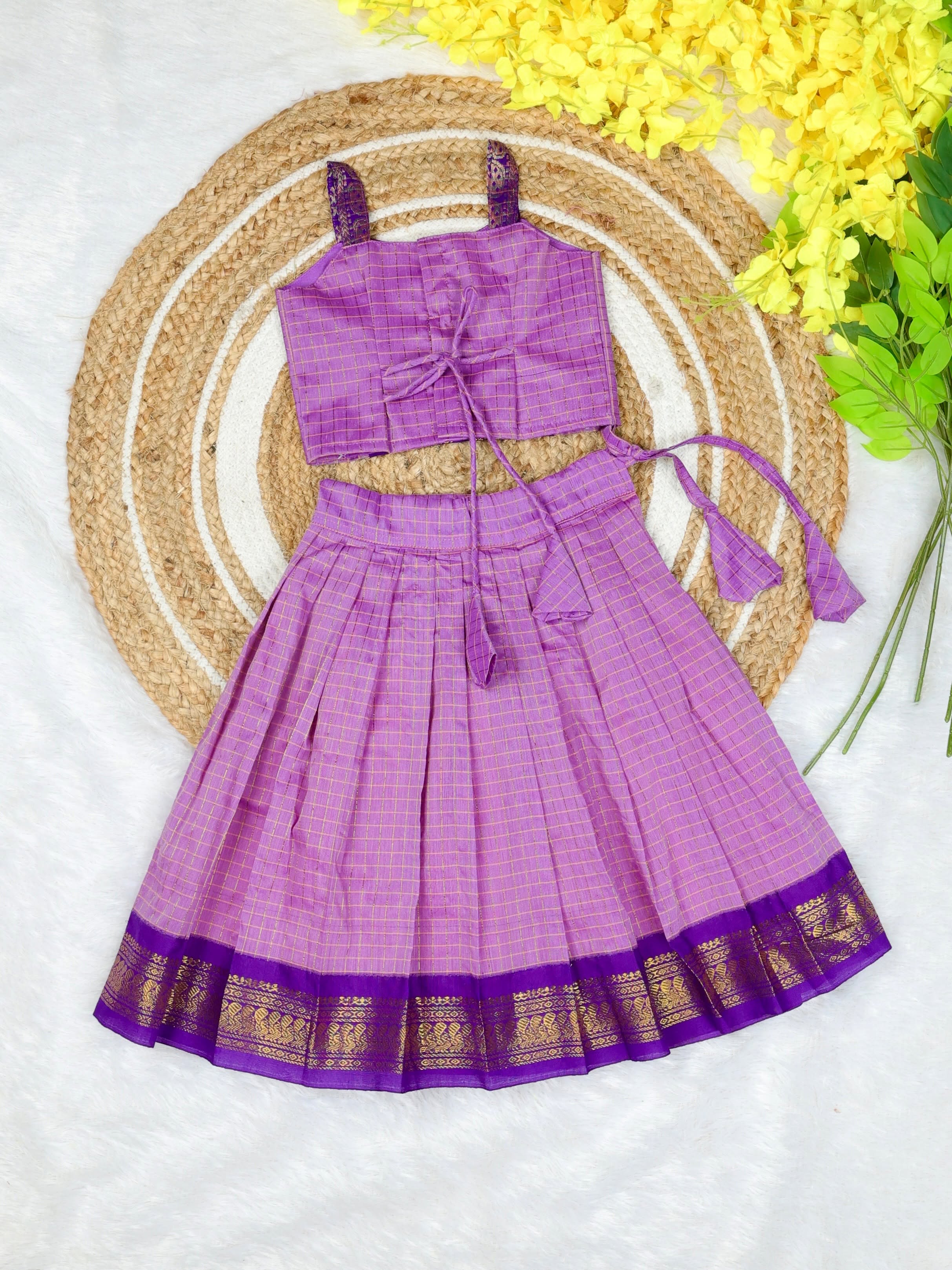 Celebrate the beauty of tradition with our Kalyani Silk Cotton Skirt & Top Set - Lavender and Purple Combo