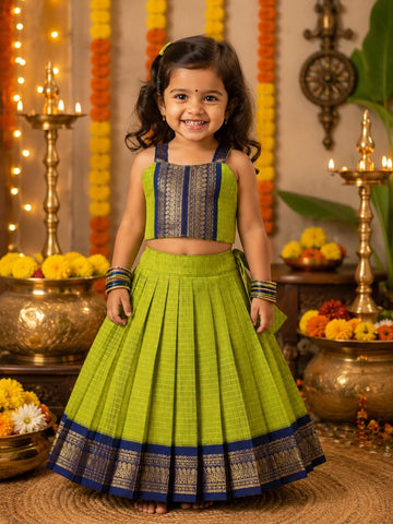 Celebrate the beauty of tradition with our Kalyani Silk Cotton Skirt & Top Set -Light Green and Dark Blue Combo