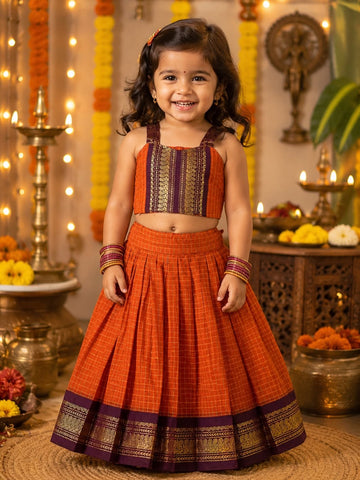 Celebrate the beauty of tradition with our Kalyani Silk Cotton Skirt & Top Set - Orange and Dark Purple Combo