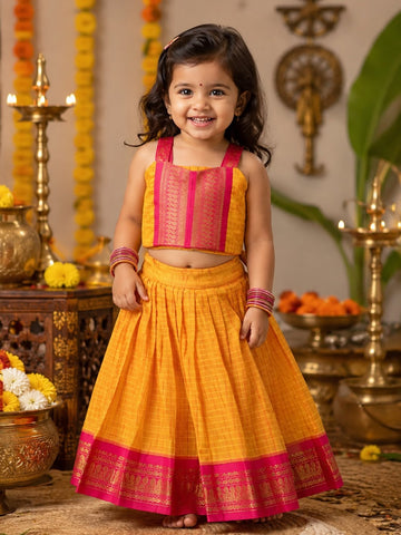Celebrate the beauty of tradition with our Kalyani Silk Cotton Skirt & Top Set - Yellow and Pink Combo