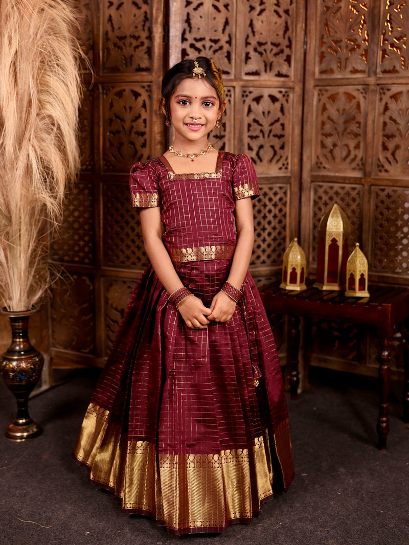 KUNDAVAI - Coffee Maroon Banarasi Silk Pavadai Sattai