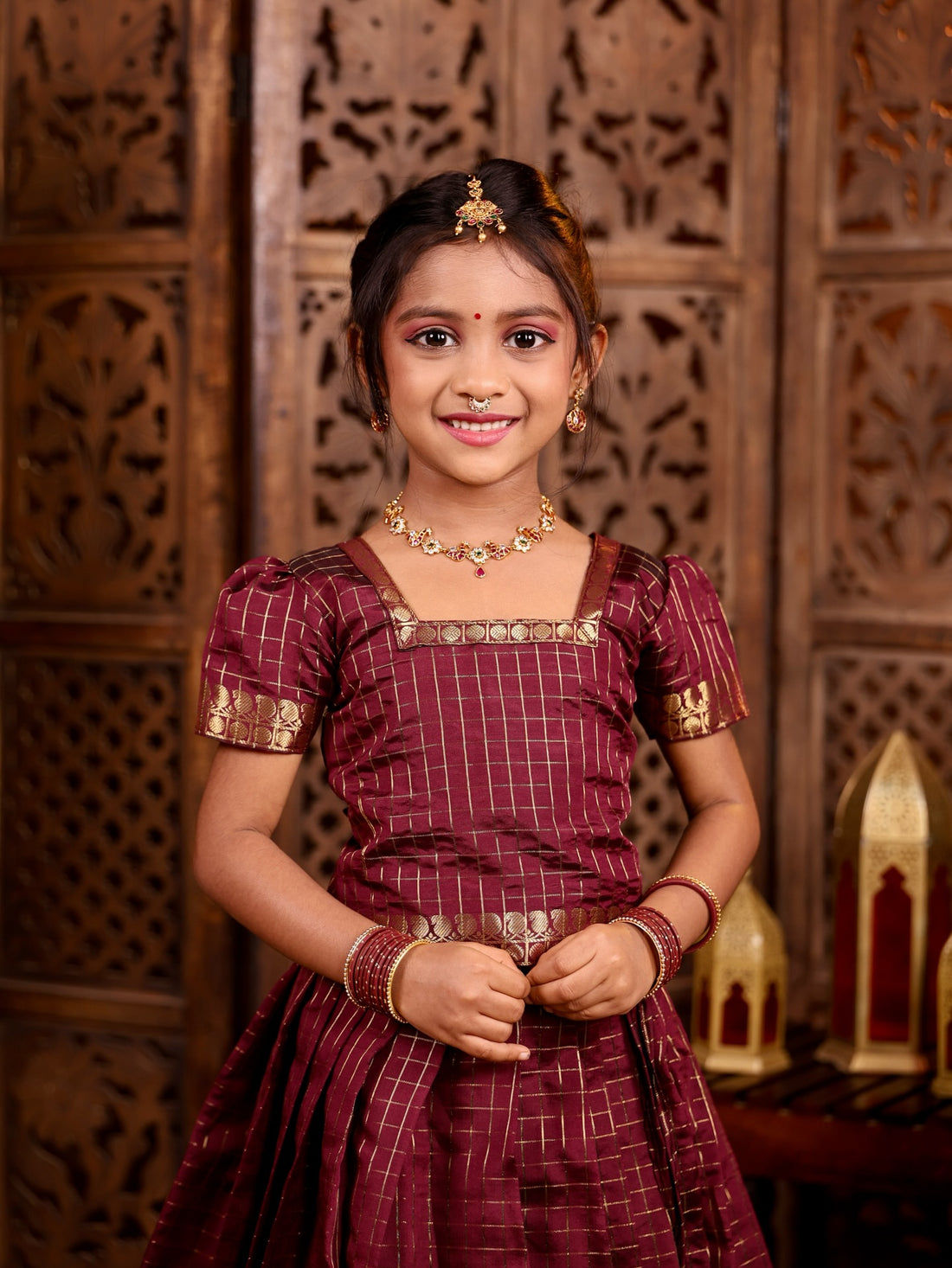 KUNDAVAI - Coffee Maroon Banarasi Silk Pavadai Sattai