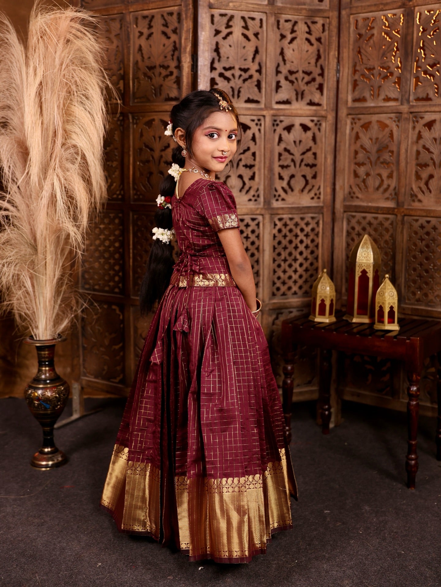 KUNDAVAI - Coffee Maroon Banarasi Silk Pavadai Sattai