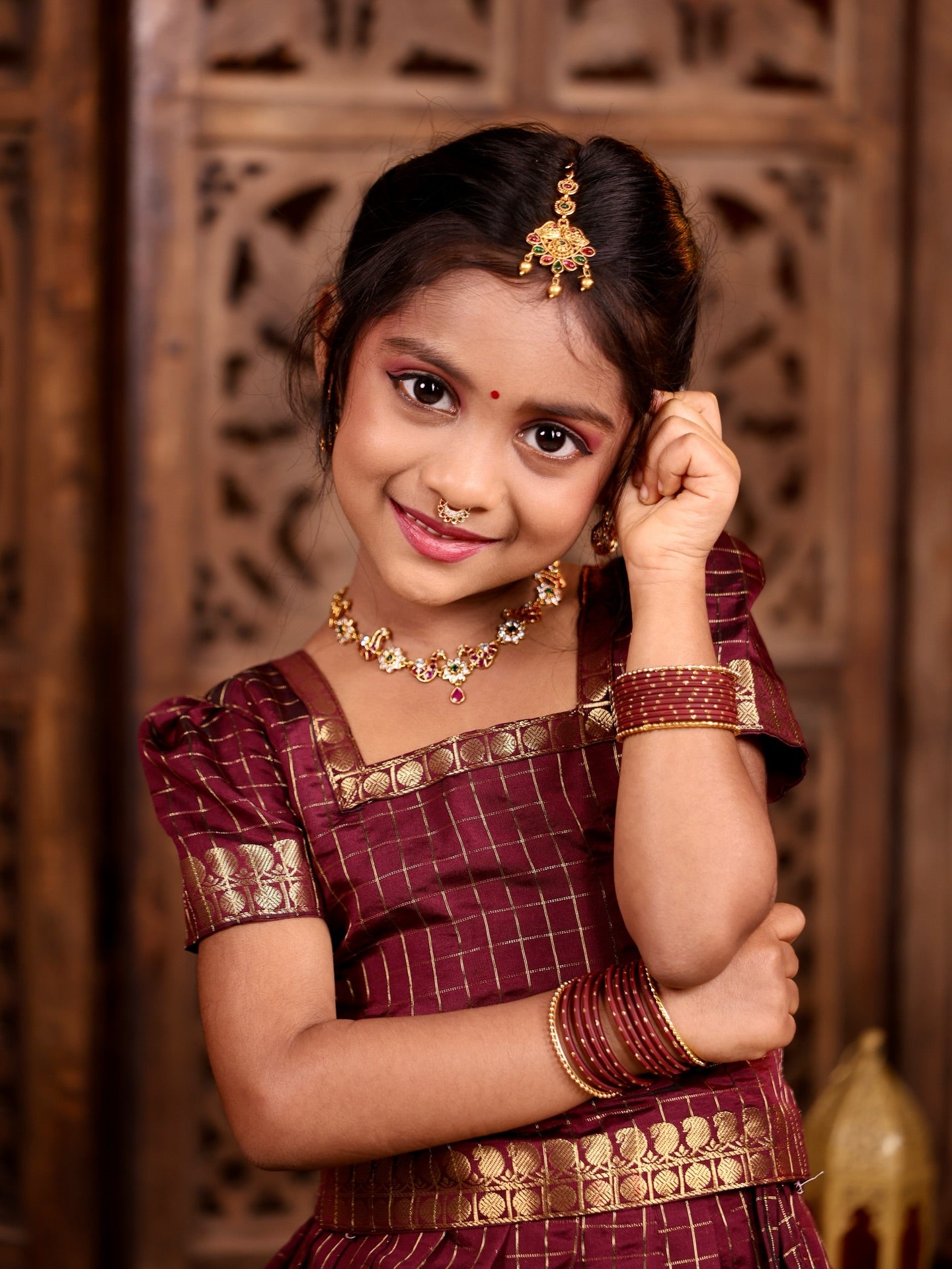 KUNDAVAI - Coffee Maroon Banarasi Silk Pavadai Sattai