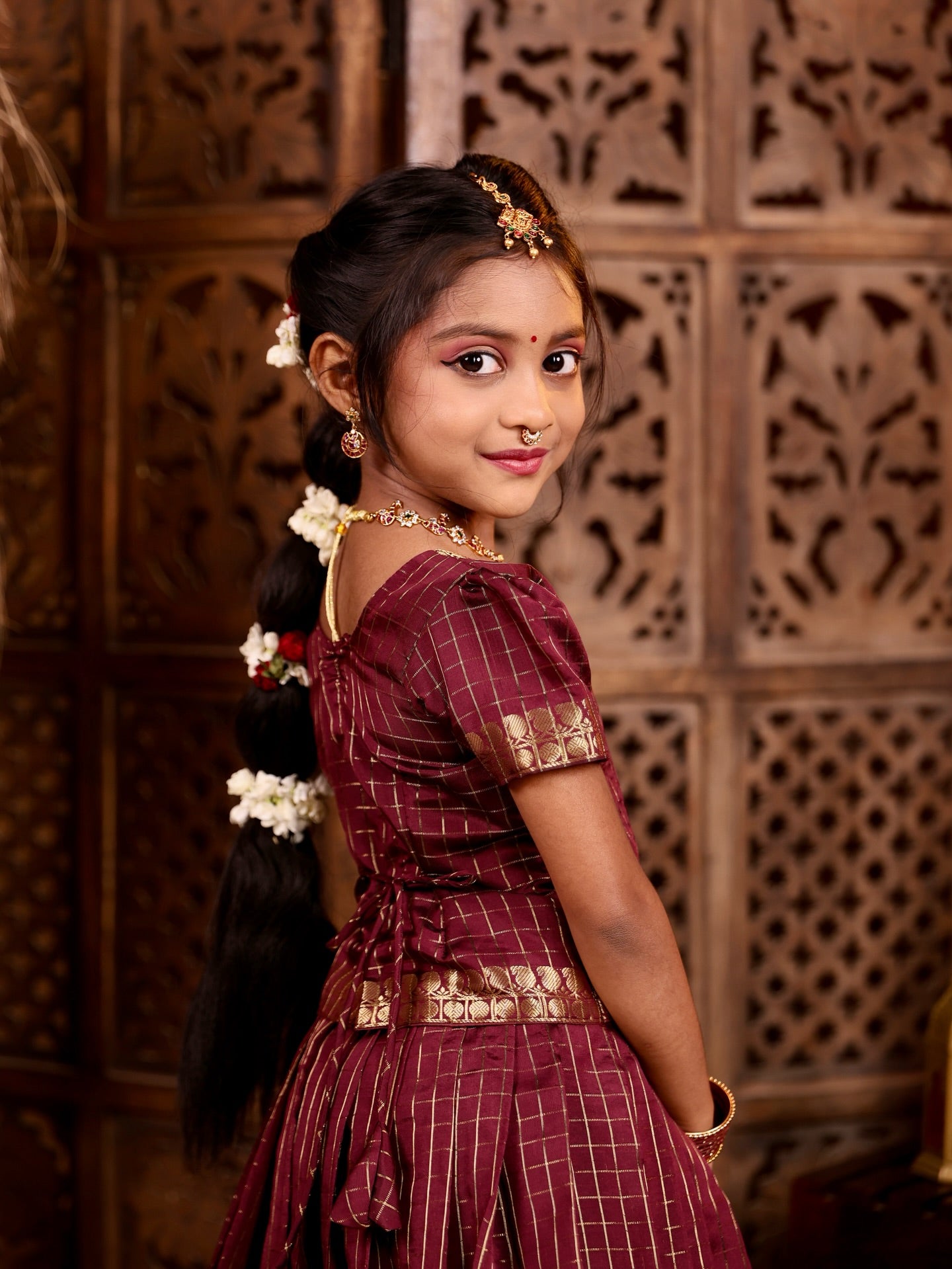 KUNDAVAI - Coffee Maroon Banarasi Silk Pavadai Sattai