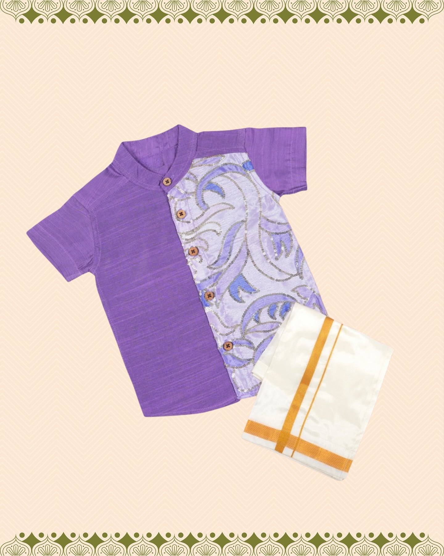 Lavender Floral Panel Silk shirt with Pattu Vesti set for Boys