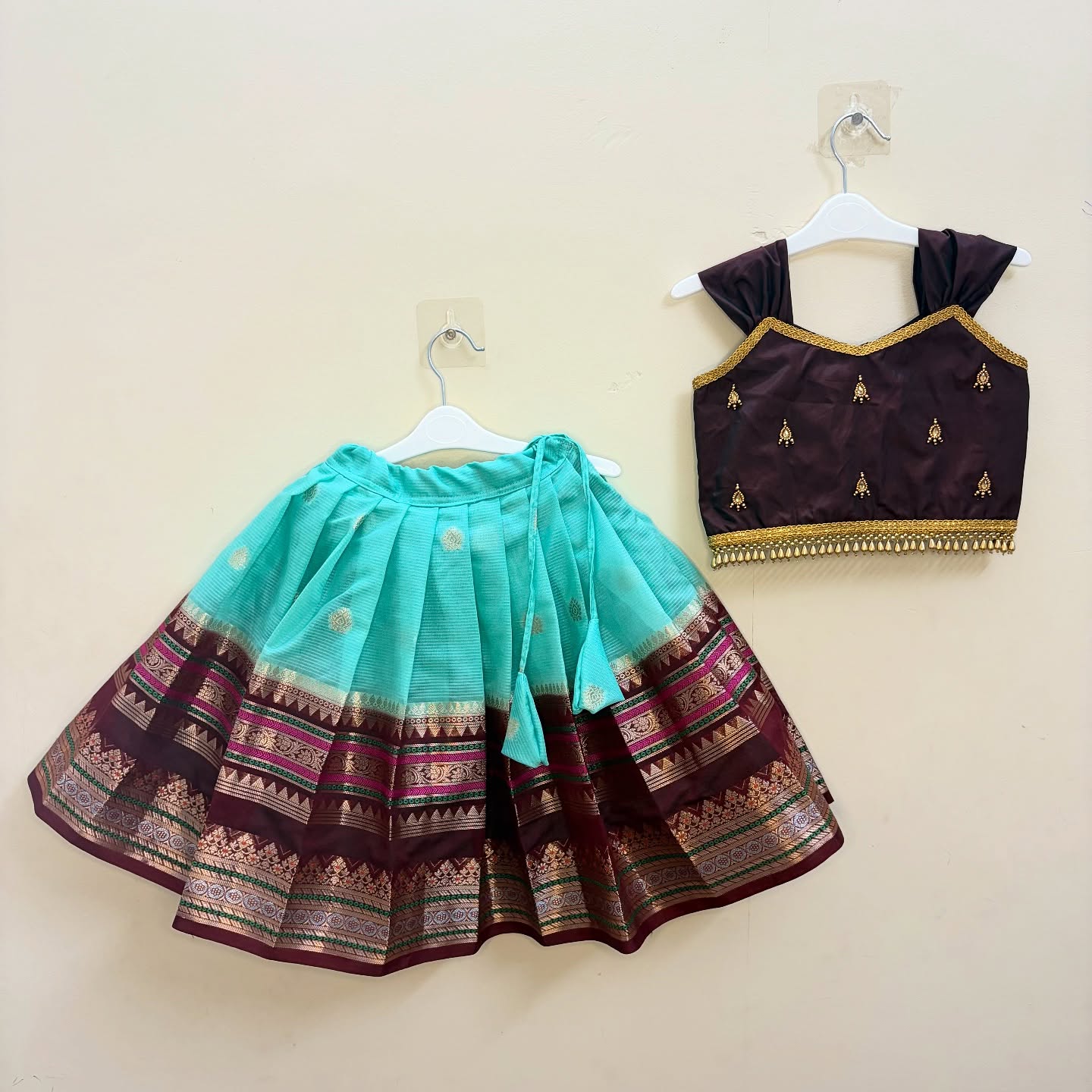 Premium Banarasi Silk Paavadai Sattai – Light Blue & Maroon Combo