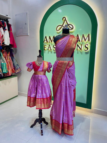 Saree Model Frock in Zari Checked pattern Banarasi Semi Silk – Lavender & Red | Matching Saree