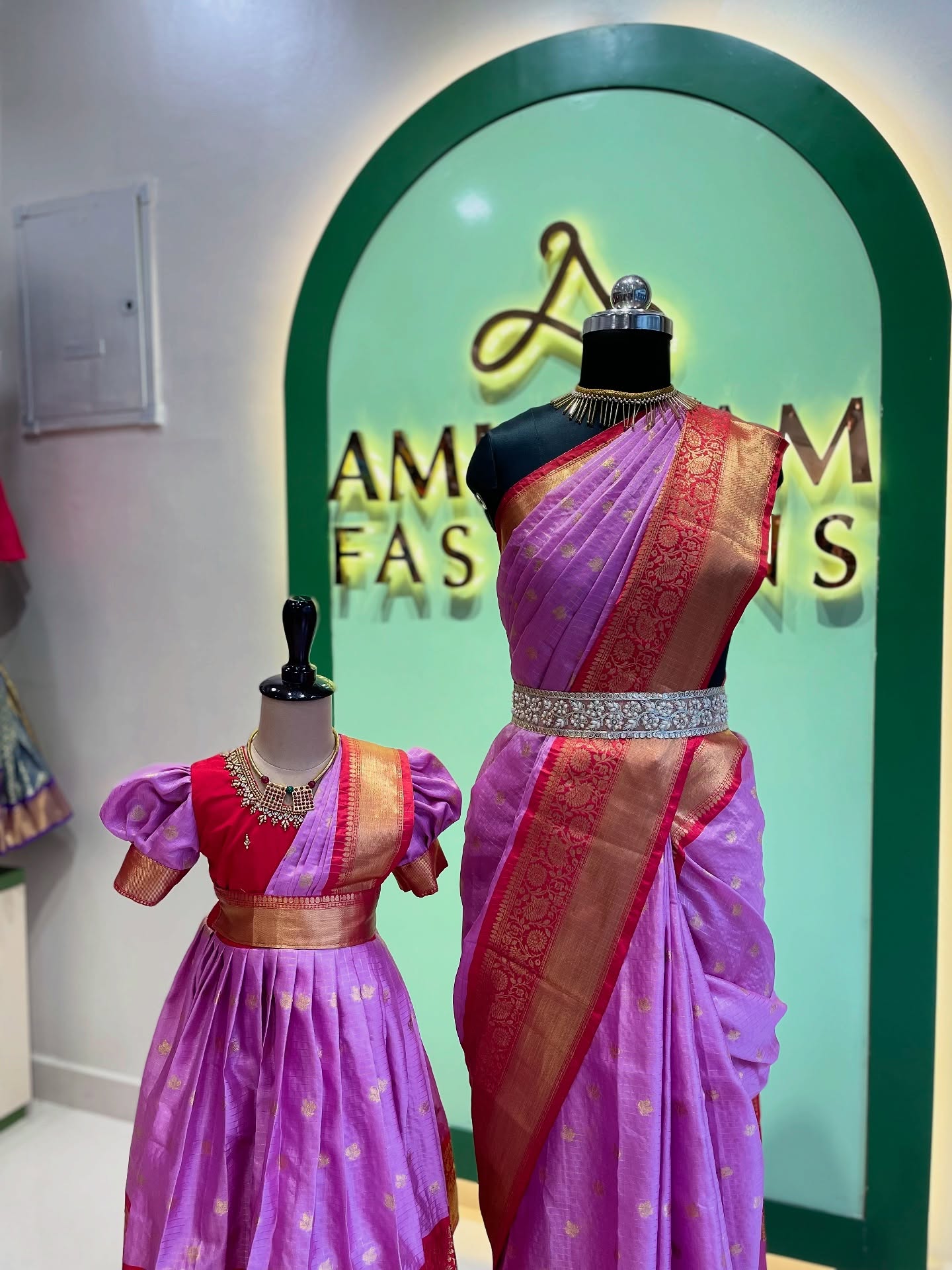 Saree Model Frock in Zari Checked pattern Banarasi Semi Silk – Lavender & Red | Matching Saree