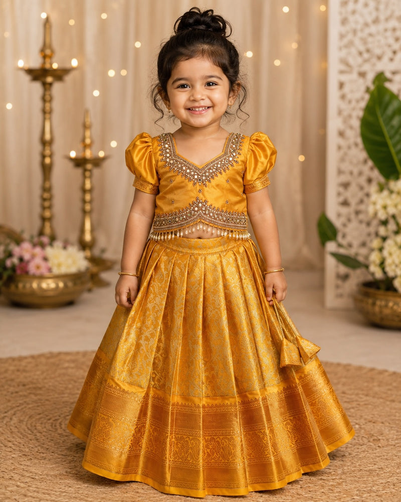 MARIGOLD MANJAL - Premium Kanchipattu Grand Aariwork Lehenga Set