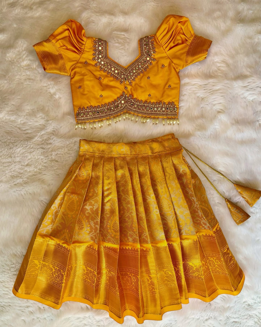 MARIGOLD MANJAL - Premium Kanchipattu Grand Aariwork Lehenga Set