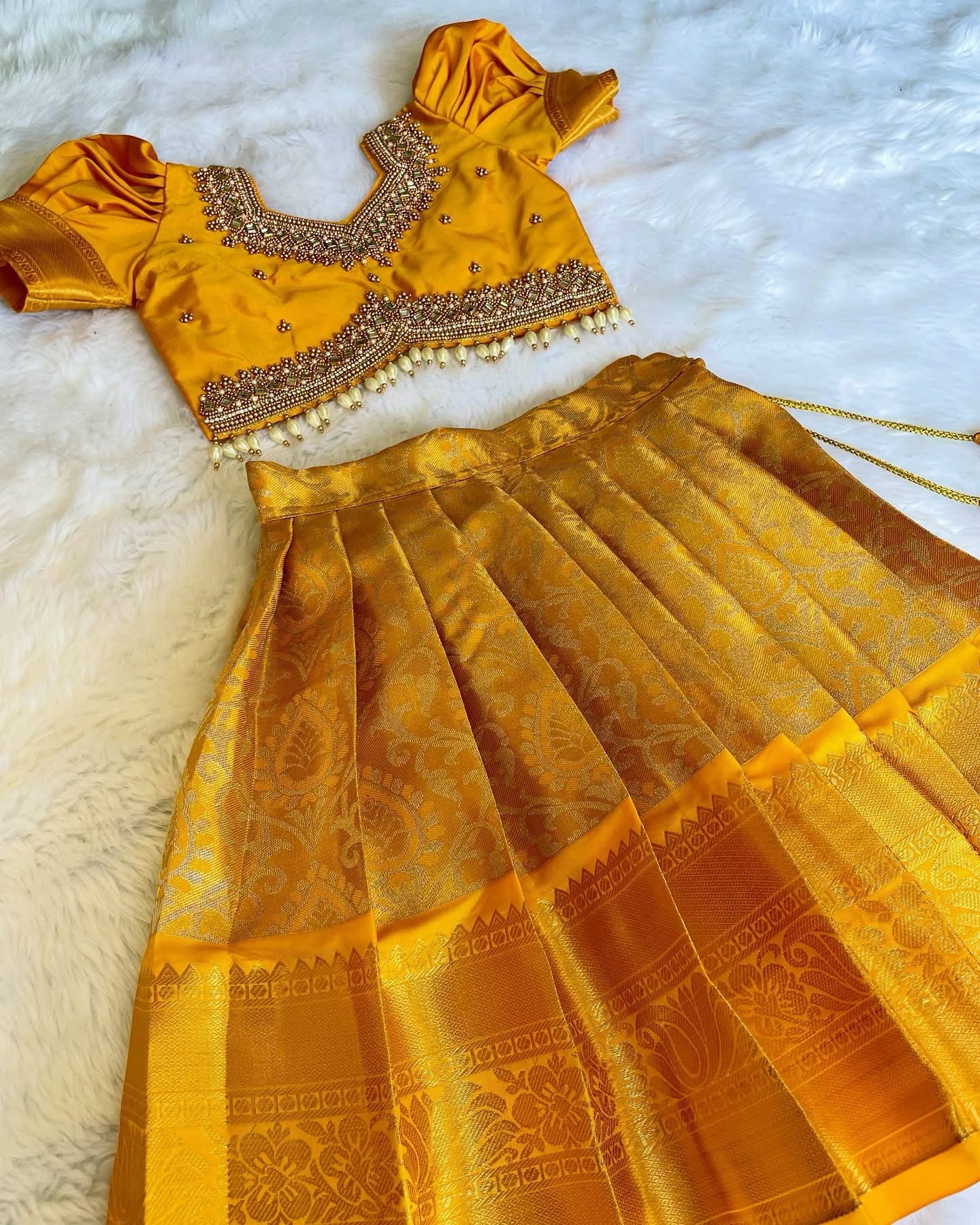 MARIGOLD MANJAL - Premium Kanchipattu Grand Aariwork Lehenga Set