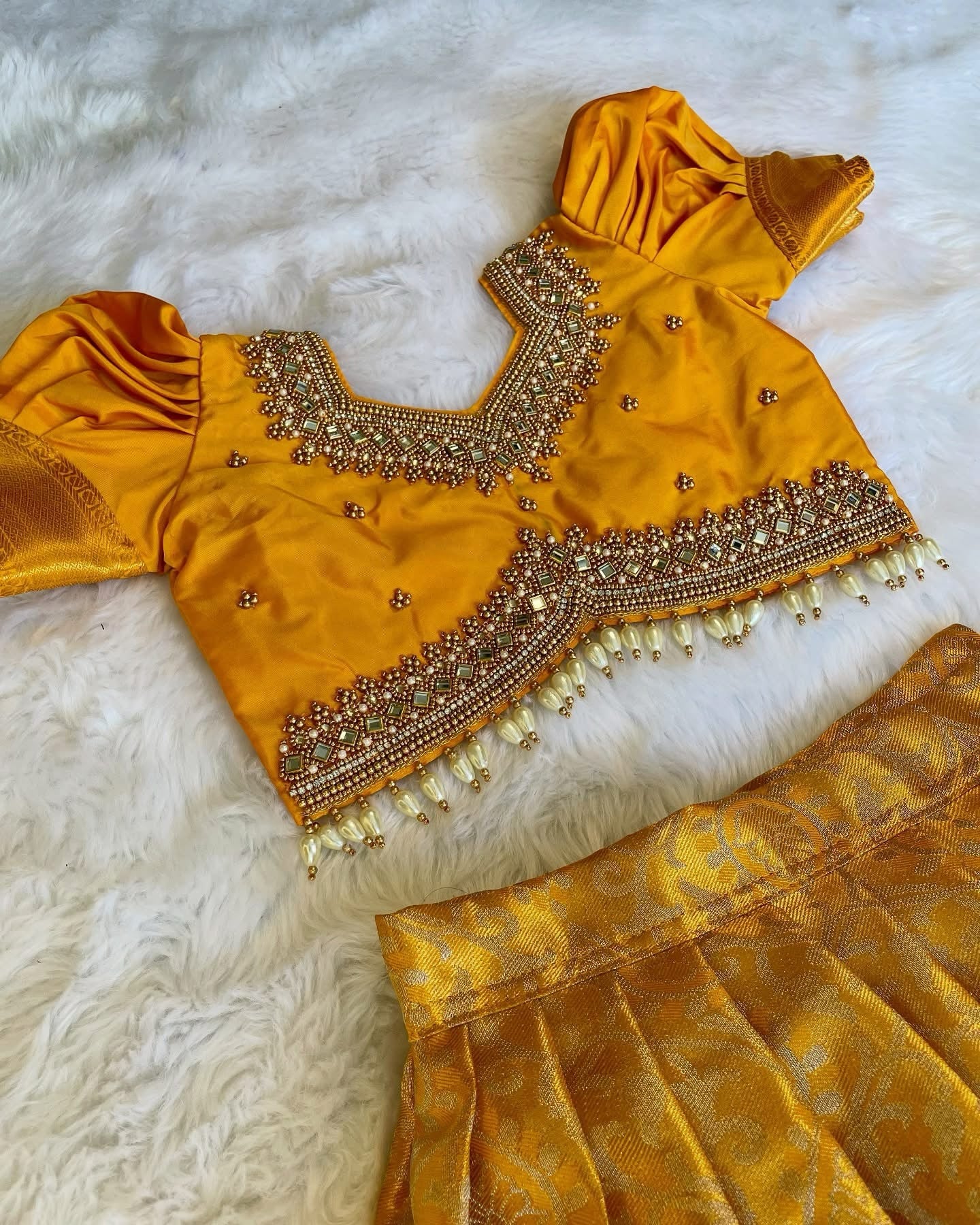 MARIGOLD MANJAL - Premium Kanchipattu Grand Aariwork Lehenga Set