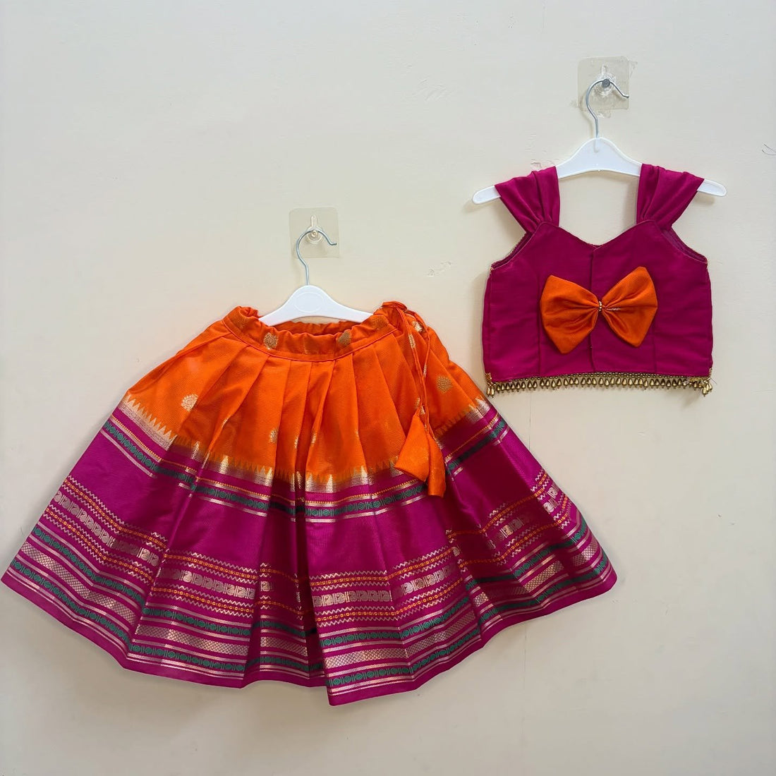 Premium Banarasi Silk Paavadai Sattai – Orange & Pink Combo