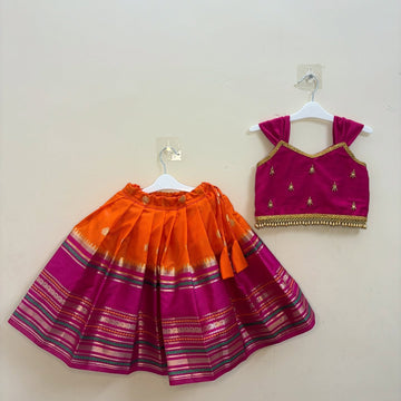 Premium Banarasi Silk Paavadai Sattai – Orange & Pink Combo