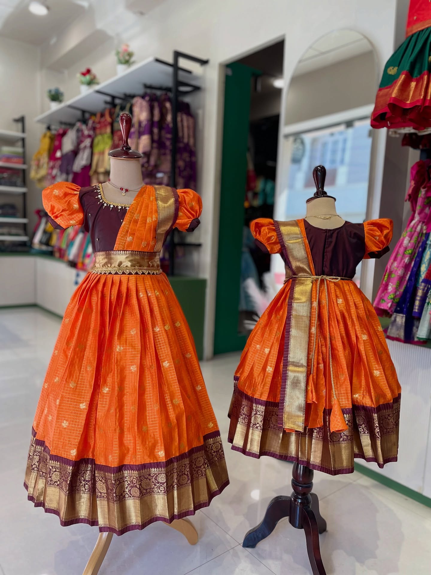 Orange and Maroon Traditional Color combo ethnic frock with dupatta model