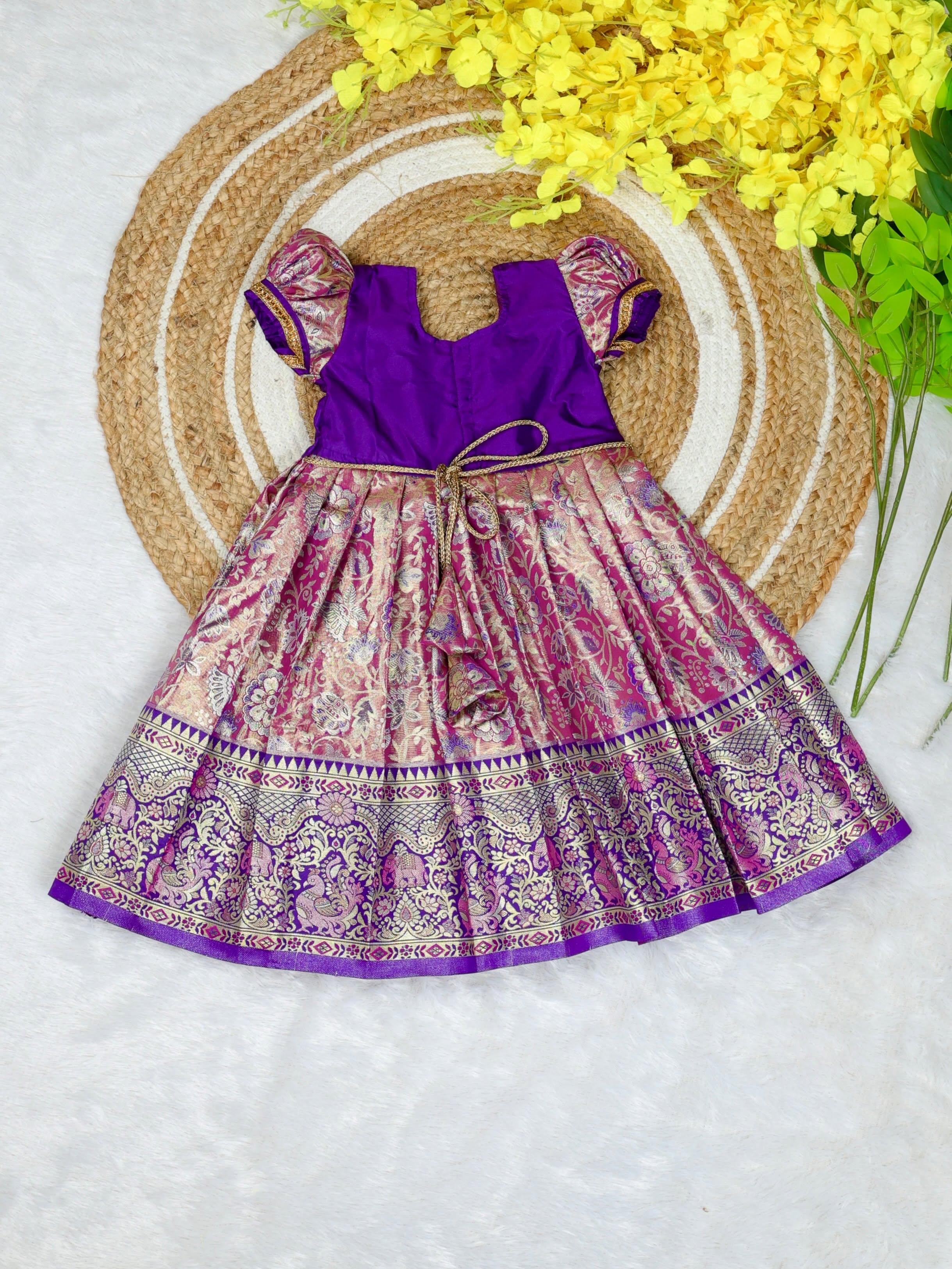 The Grand Festive Edit - Light Pink with Voilet Border Rich and Premium Pattu Frock