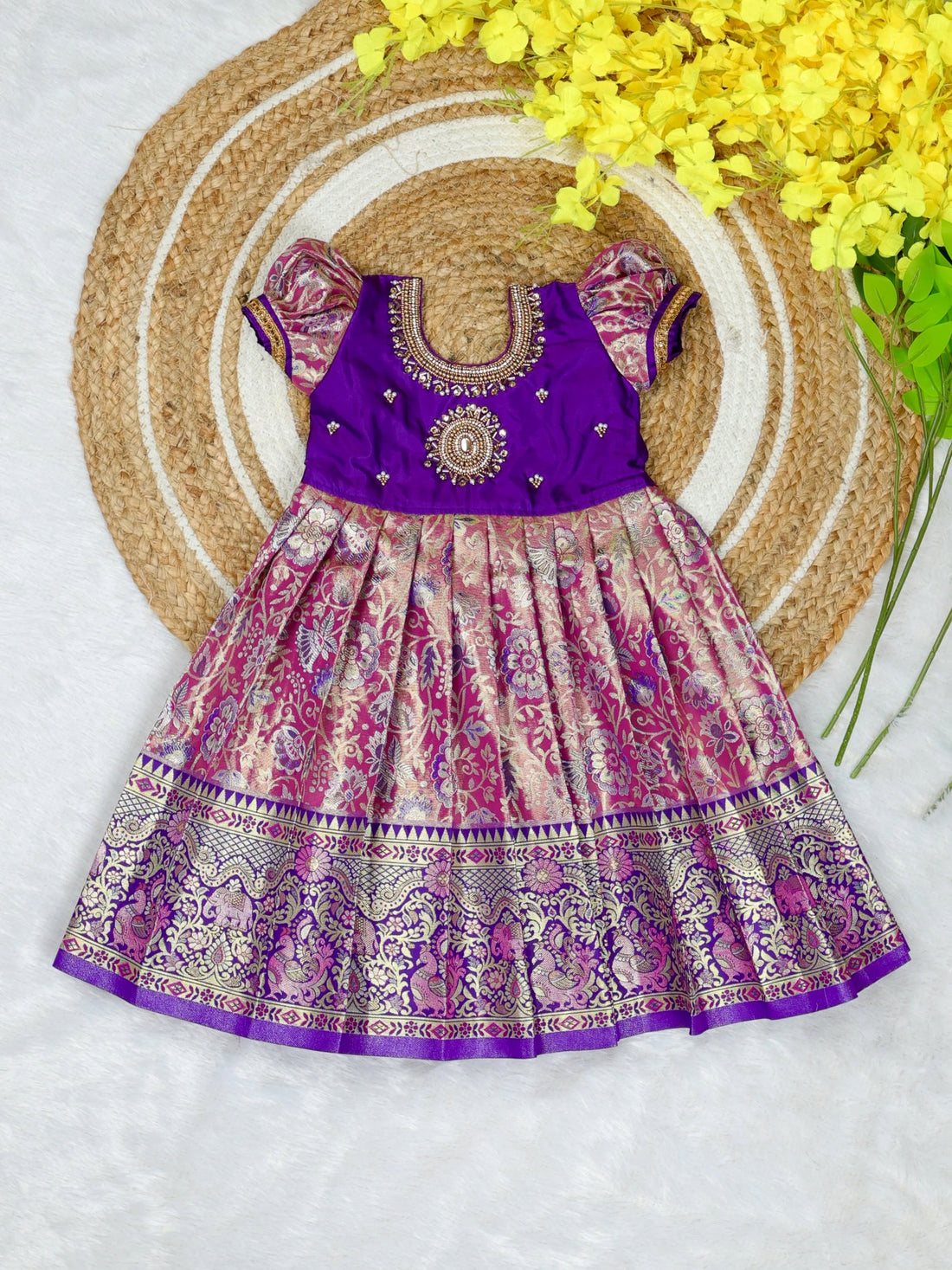 The Grand Festive Edit - Light Pink with Voilet Border Rich and Premium Pattu Frock